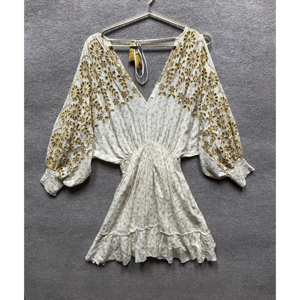 Lovestitch Bohemian Mini Dress Women Medium Beige Cream Floral Oversized EUC